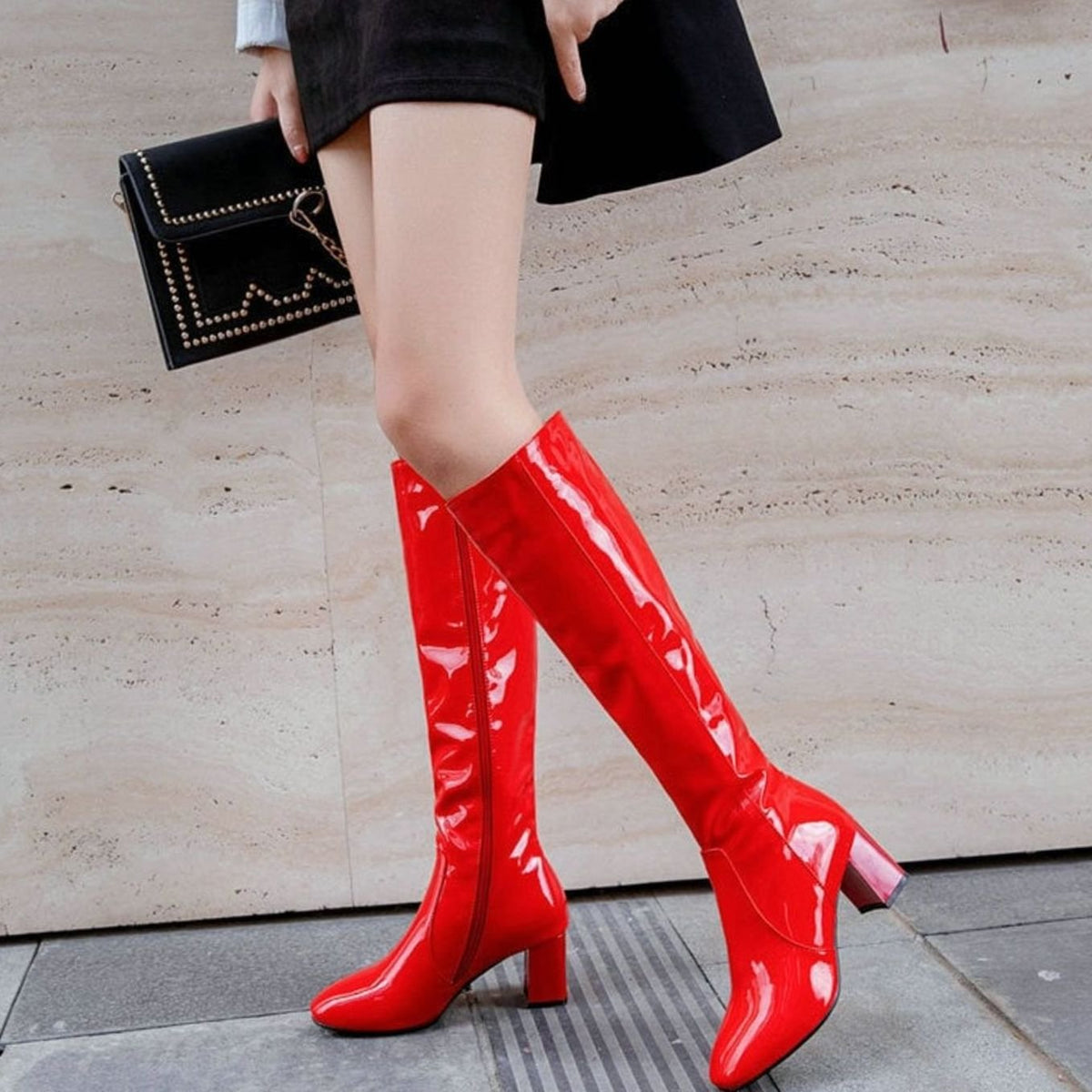 Women's High-Gloss Patent Knee-High Boots - Red