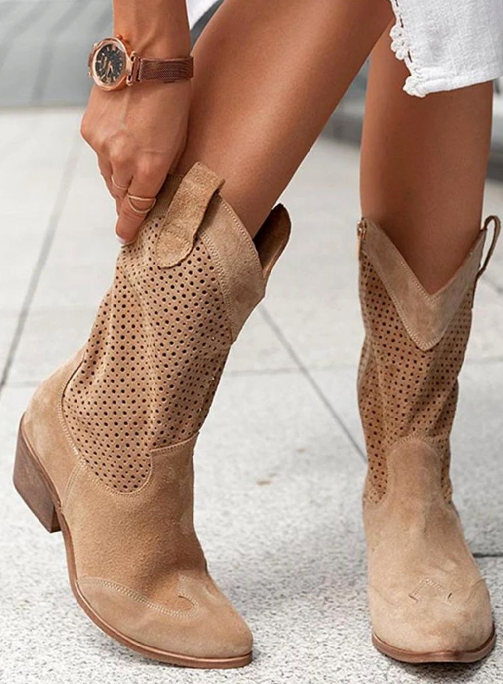 Women's Perforated Suede Western Boots with Pointed Toe - White
