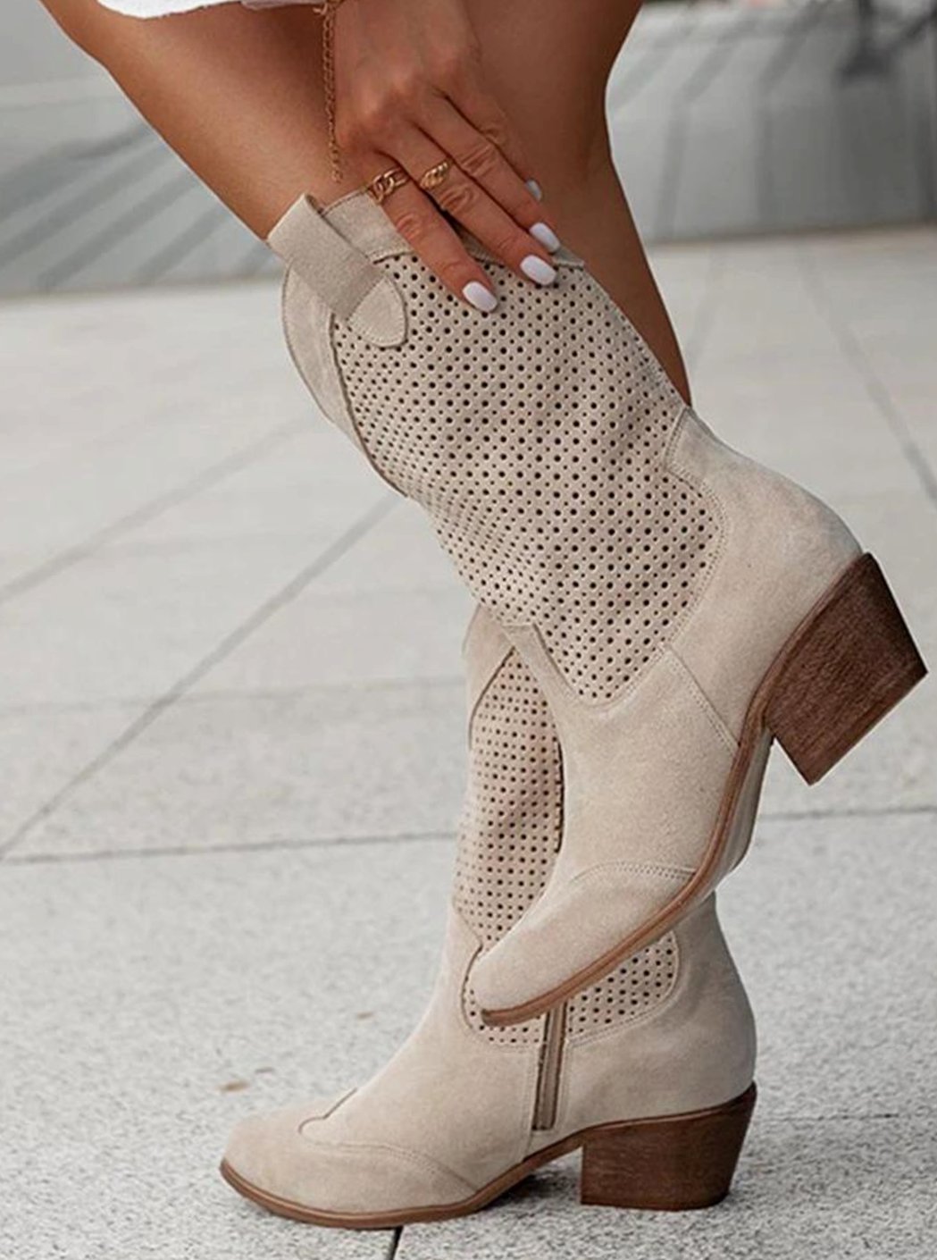 Women's Perforated Suede Western Boots with Pointed Toe - Black