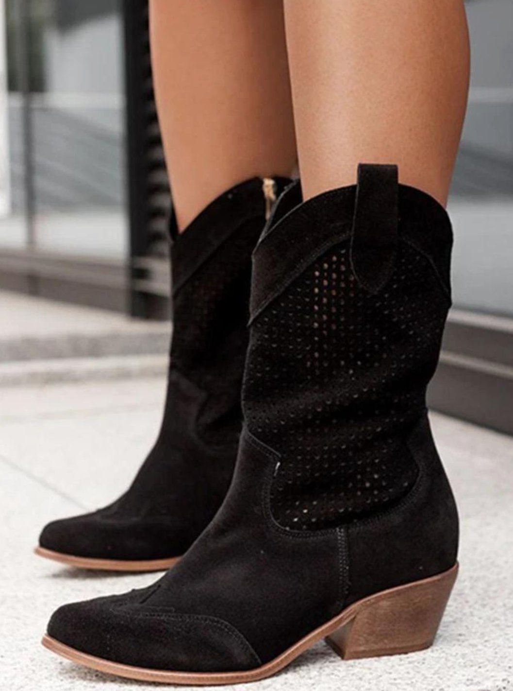 Women's Perforated Suede Western Boots with Pointed Toe