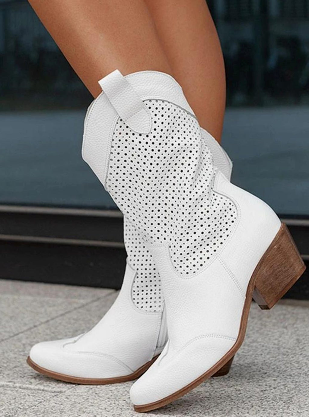 Women's Perforated Suede Western Boots with Pointed Toe - Khaki