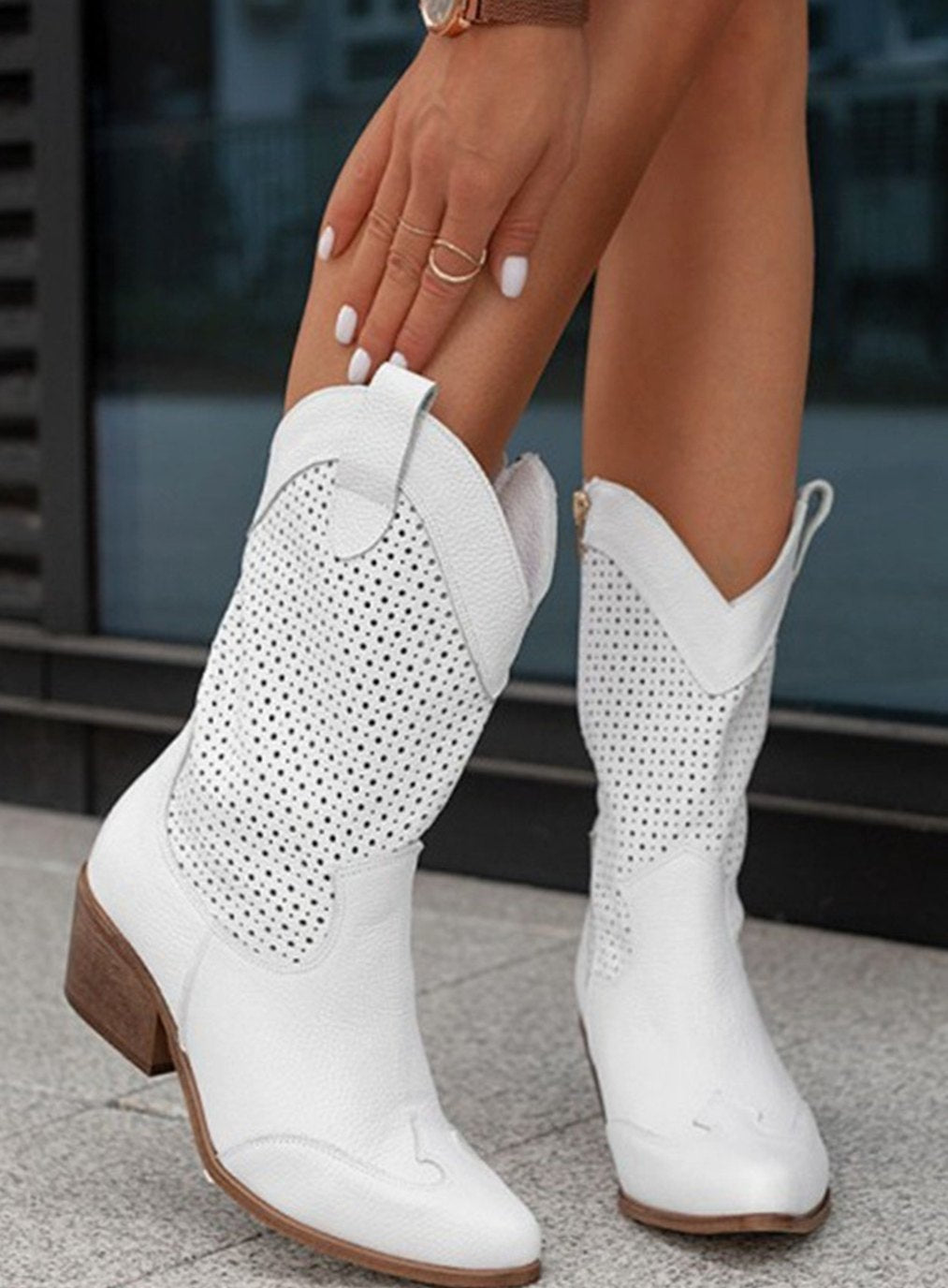 Women's Perforated Suede Western Boots with Pointed Toe