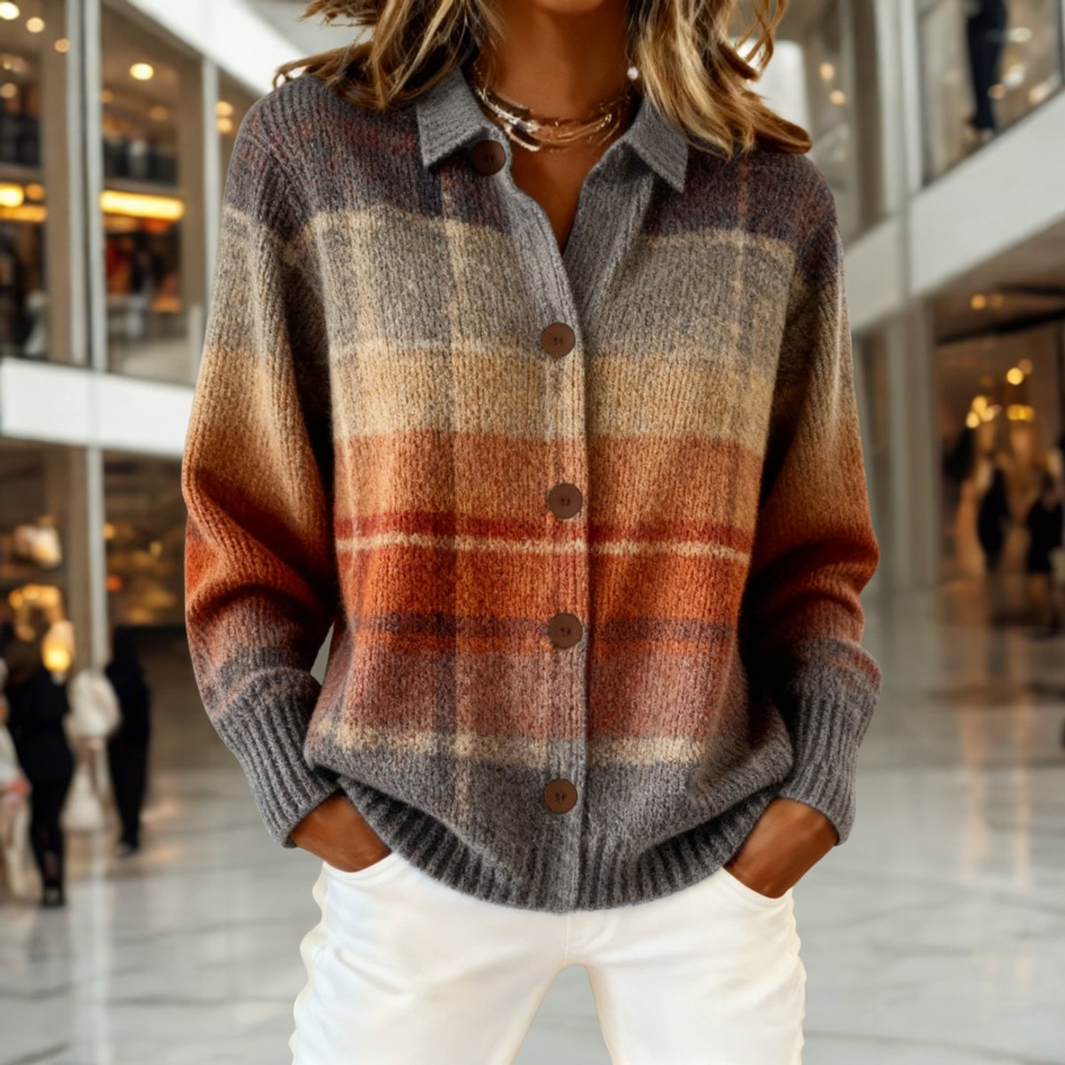 Women's Ombre Plaid Collared Button-Down Cardigan - Multicolor