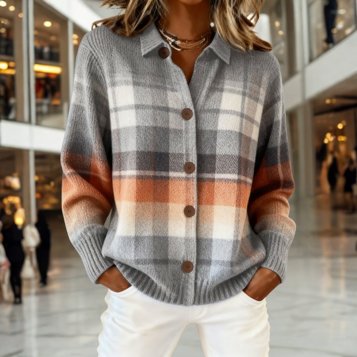 Women's Plaid Collared Button-Front Knit Cardigan - Multicolor
