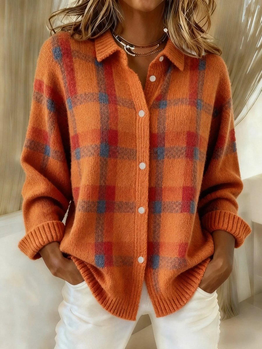 Women's Plaid Knit Button-Up Oversized Cardigan - Orange