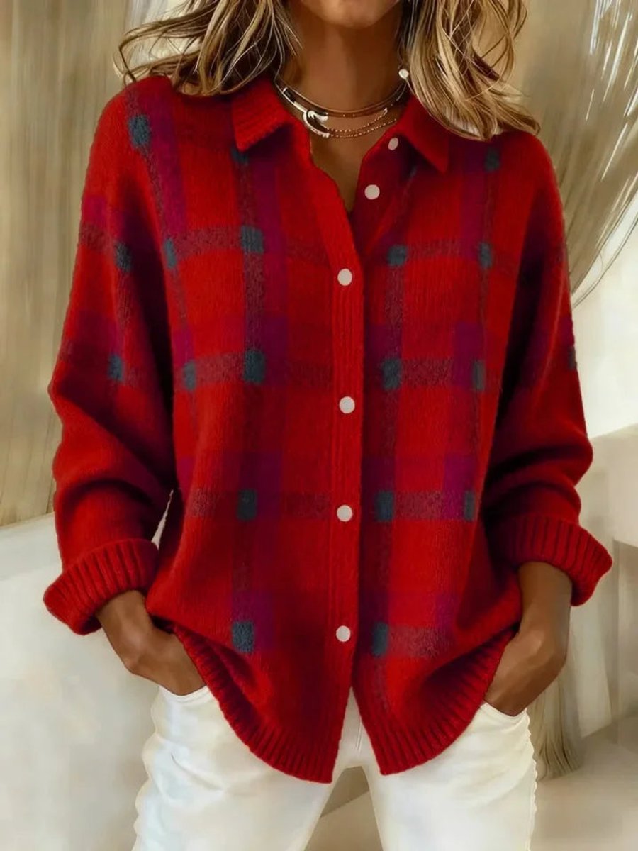 Women's Plaid Knit Button-Up Oversized Cardigan - Red