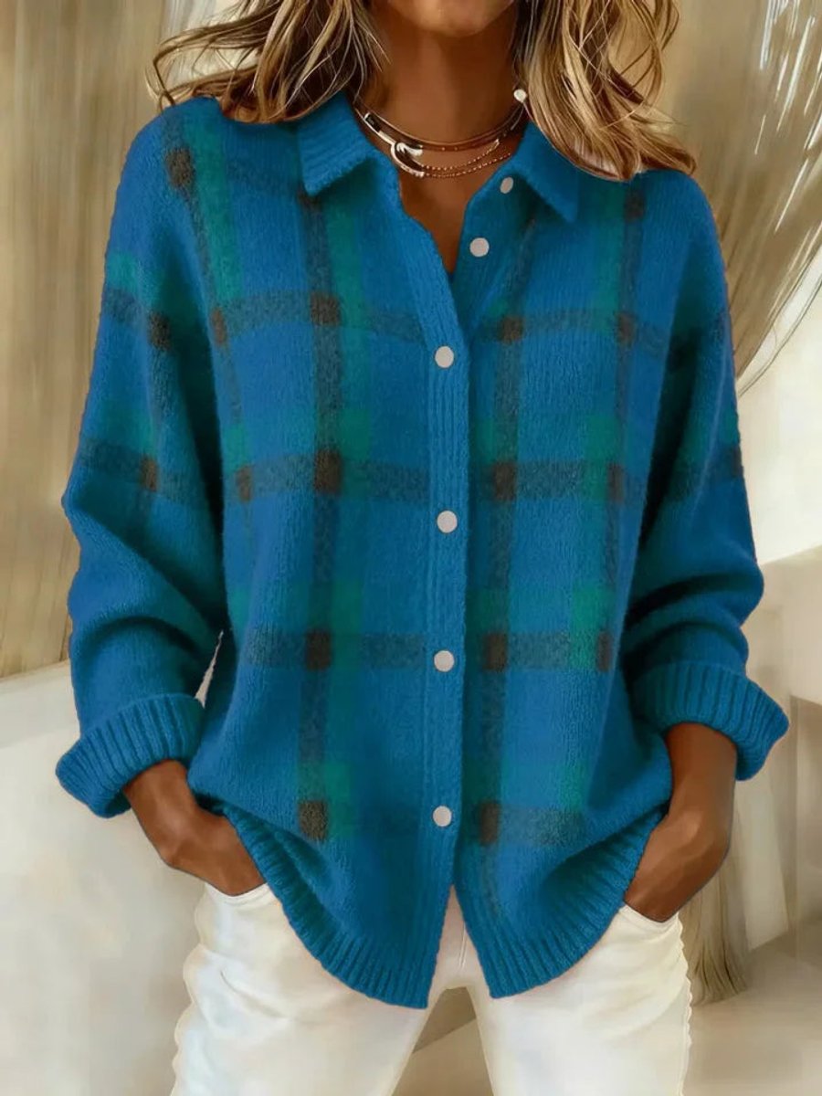 Women's Plaid Knit Button-Up Oversized Cardigan - Blue