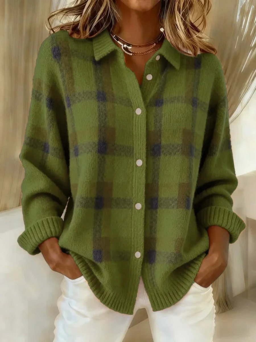 Women's Plaid Knit Button-Up Oversized Cardigan - Green
