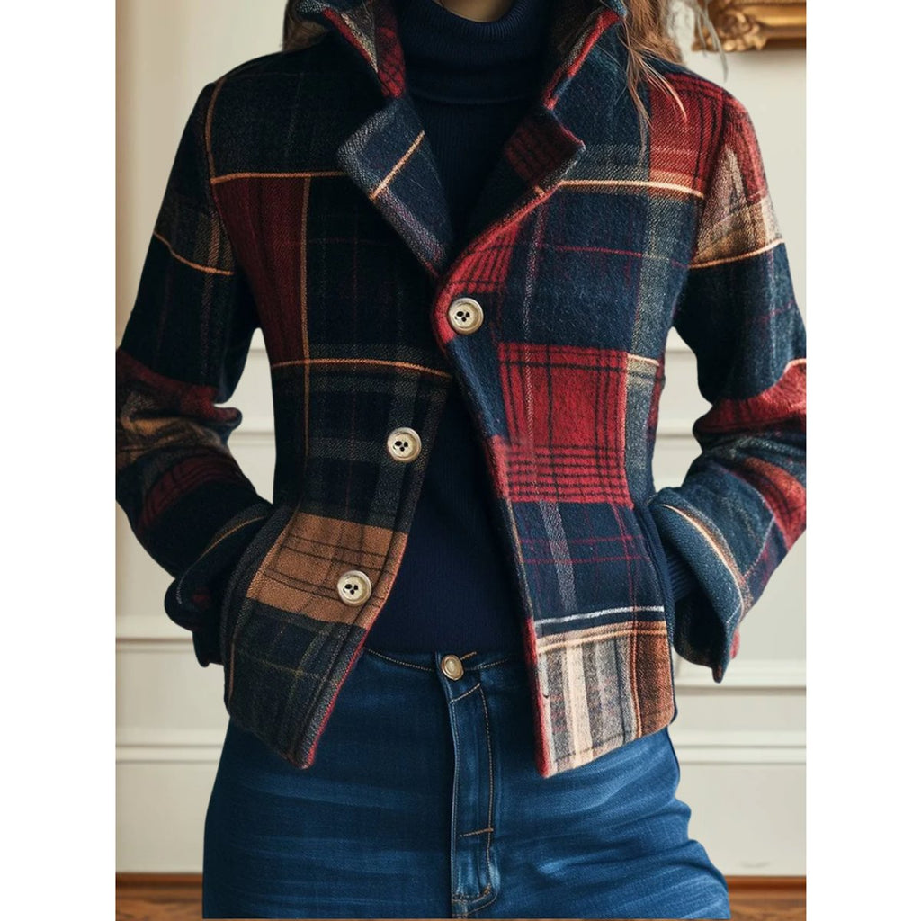 Women's Plaid Patchwork Single-Breasted Wool-Blend Jacket