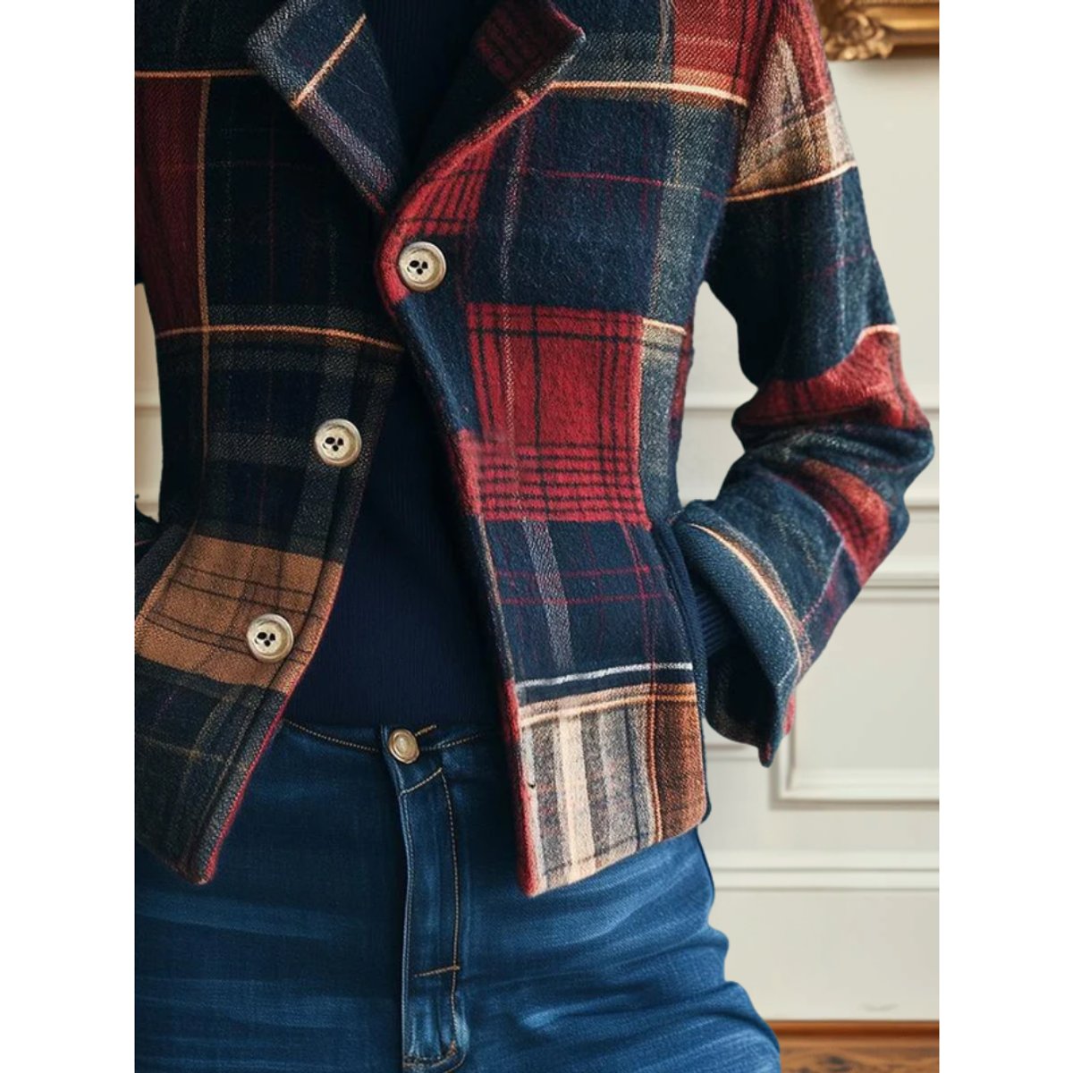 Women's Plaid Patchwork Single-Breasted Wool-Blend Jacket