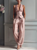 Women's Pleated Linen Vest and Pants Set - Light Pink