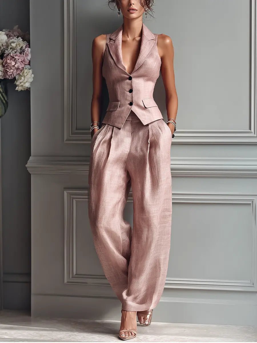 Women's Pleated Linen Vest and Pants Set
