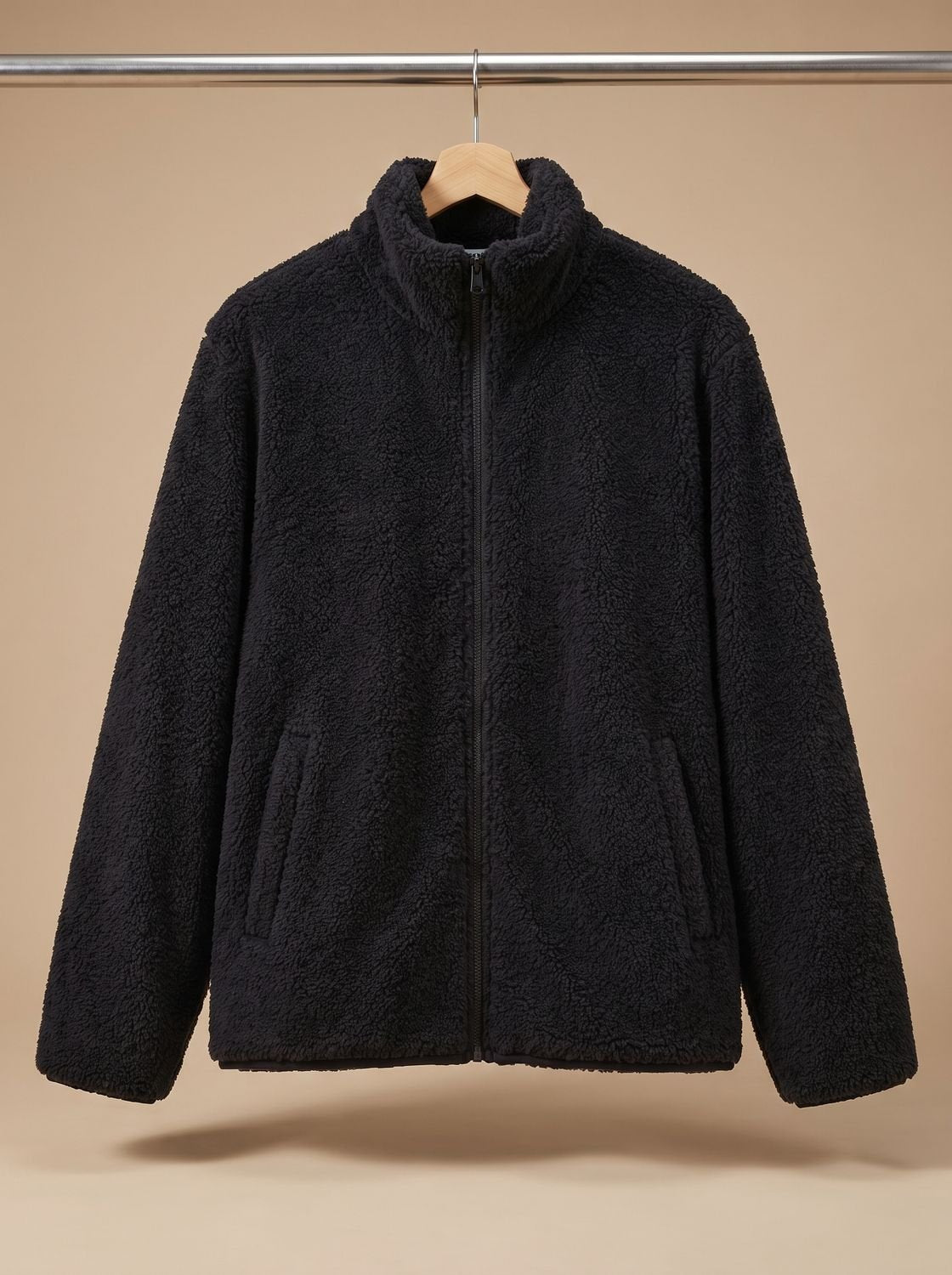 Women's Plush Fleece Full-Zip Jacket with High Collar - Black