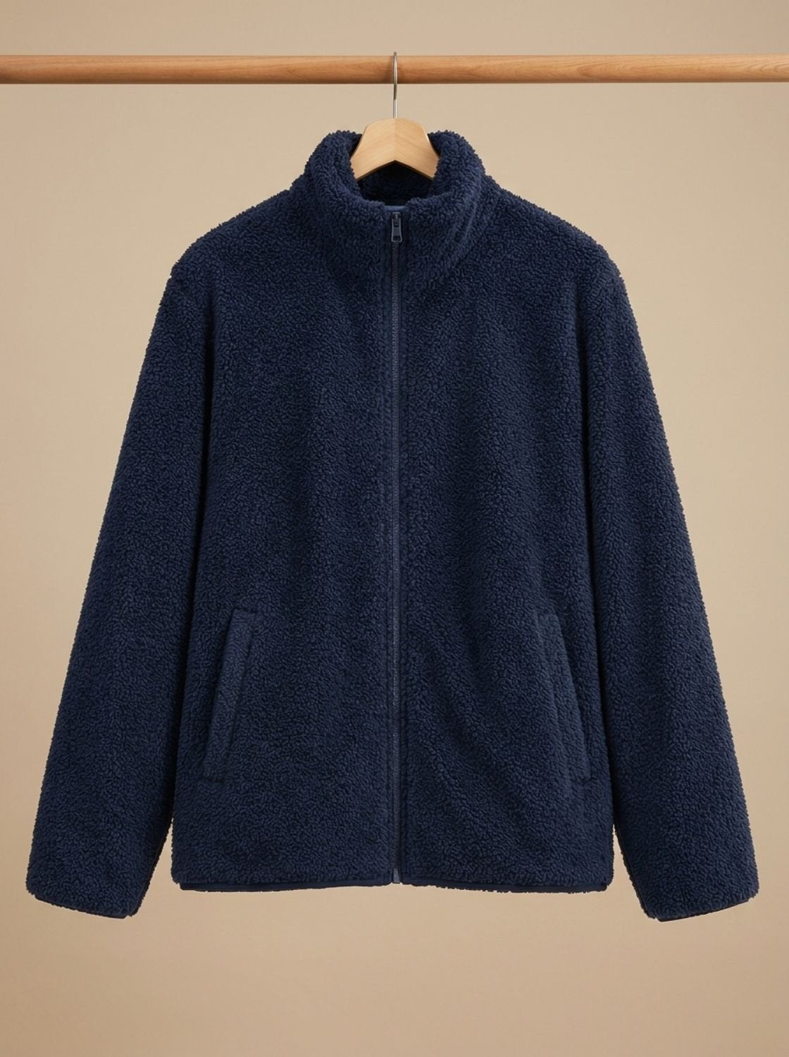Women's Plush Fleece Full-Zip Jacket with High Collar - Navy Blue