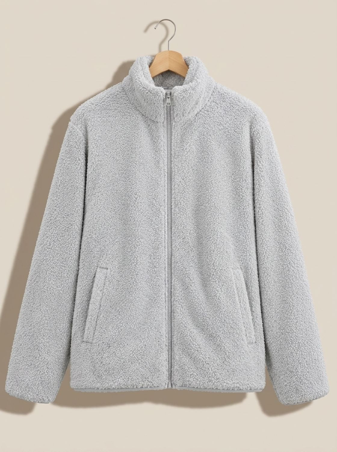 Women's Plush Fleece Full-Zip Jacket with High Collar - Light Gray