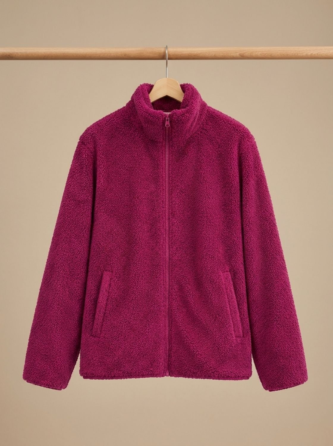 Women's Plush Fleece Full-Zip Jacket with High Collar - Red