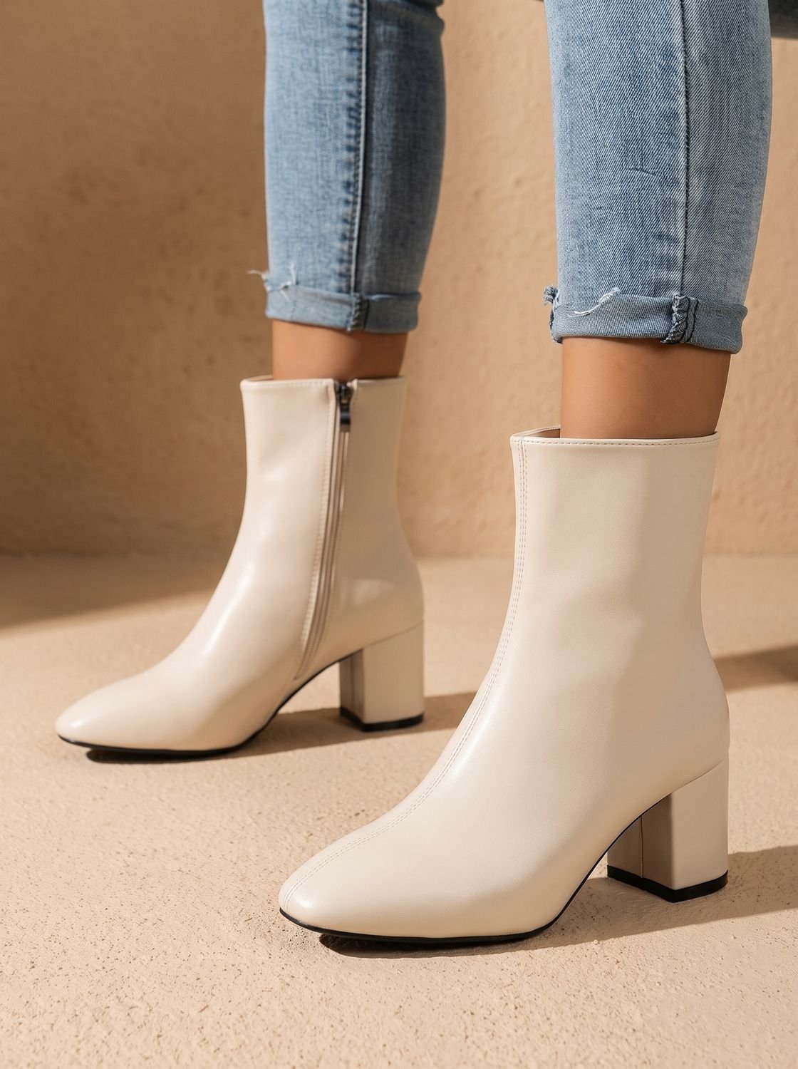 Women's Pointed Toe Chunky Block Heel Ankle Boots - Beige
