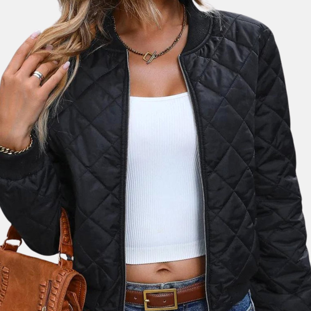 Women's Quilted Diamond-Stitch Cropped Bomber Jacket