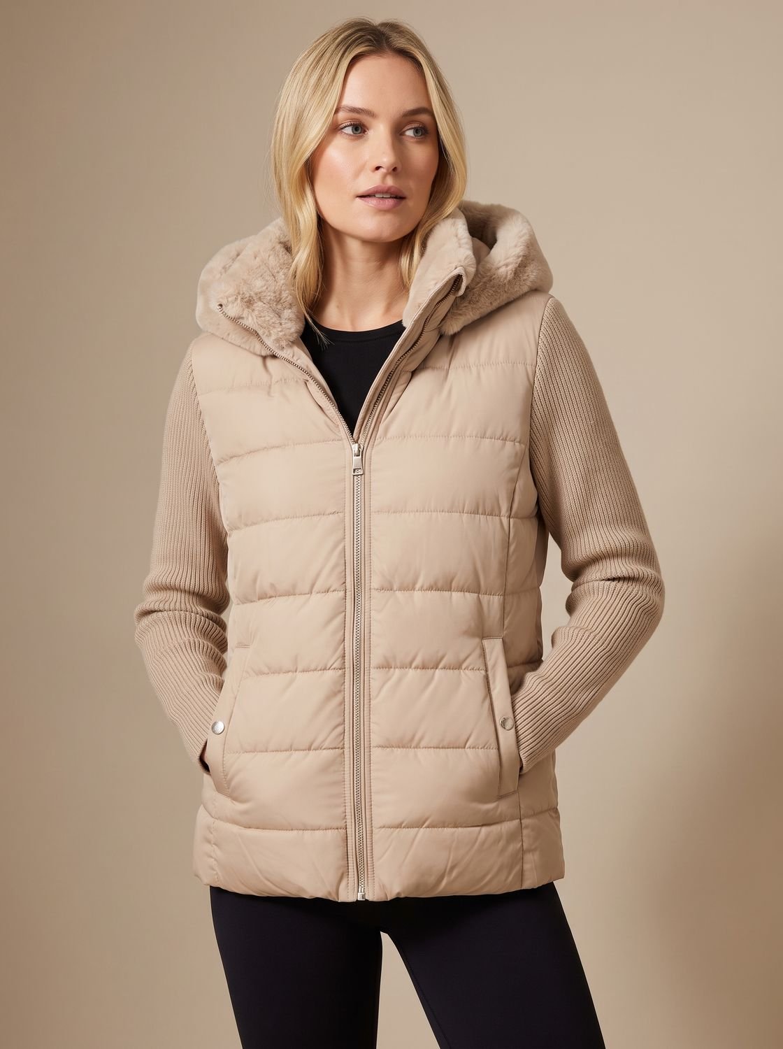 Women's Short Quilted Puffer Jacket with Faux-Fur Hood