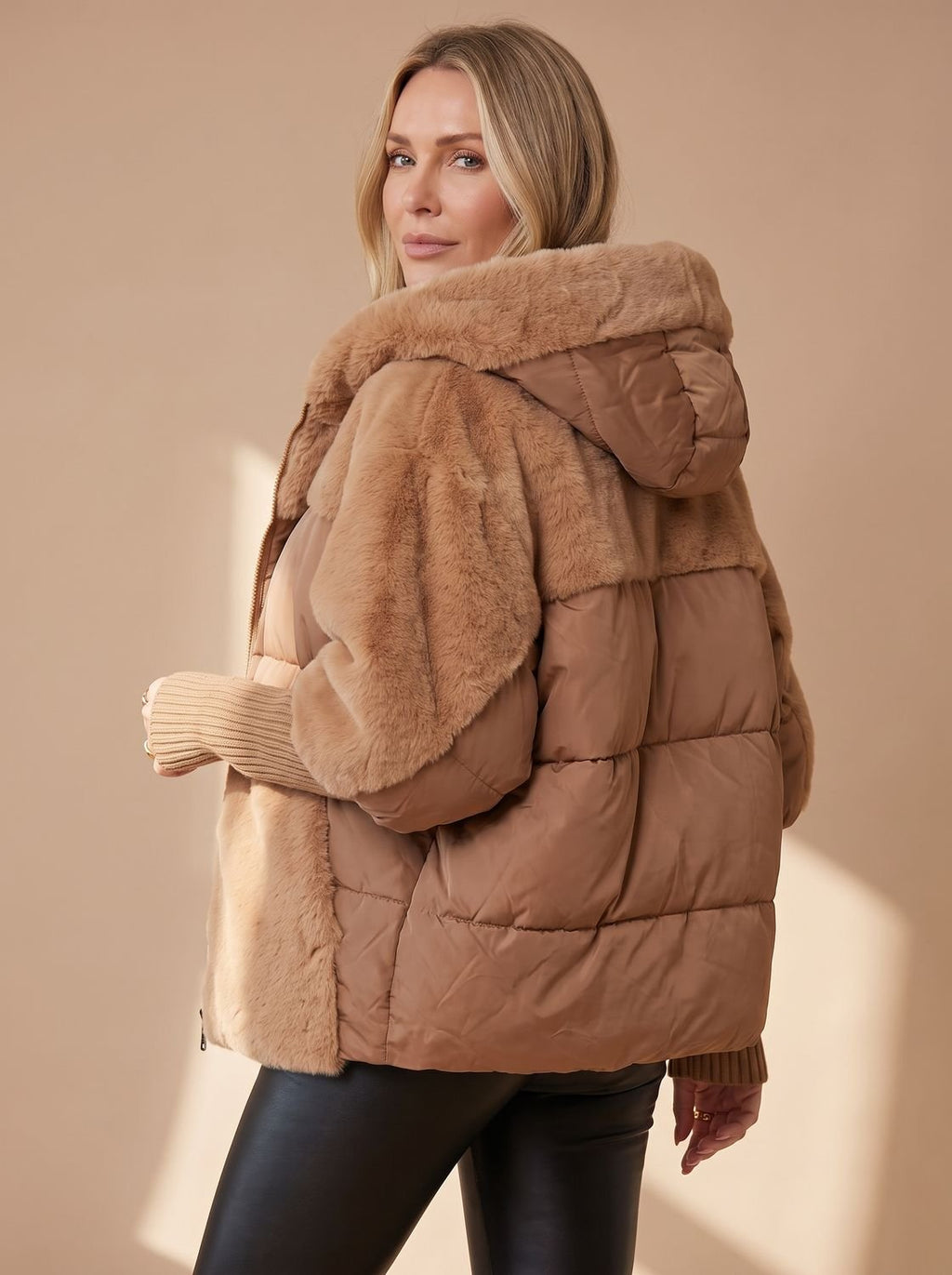 Women's Short Quilted Puffer Jacket with Faux-Fur Hood