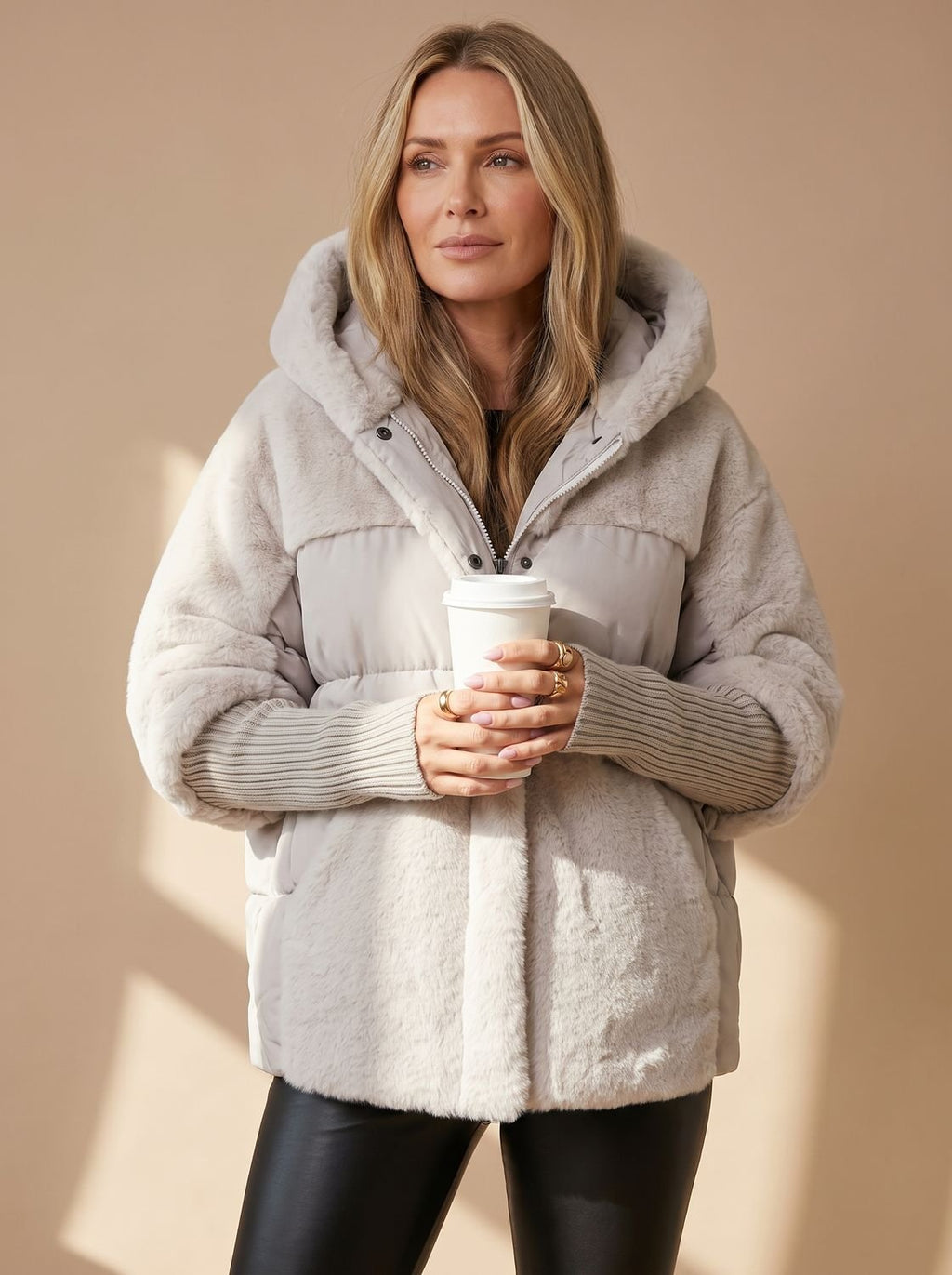Women's Short Quilted Puffer Jacket with Faux-Fur Hood