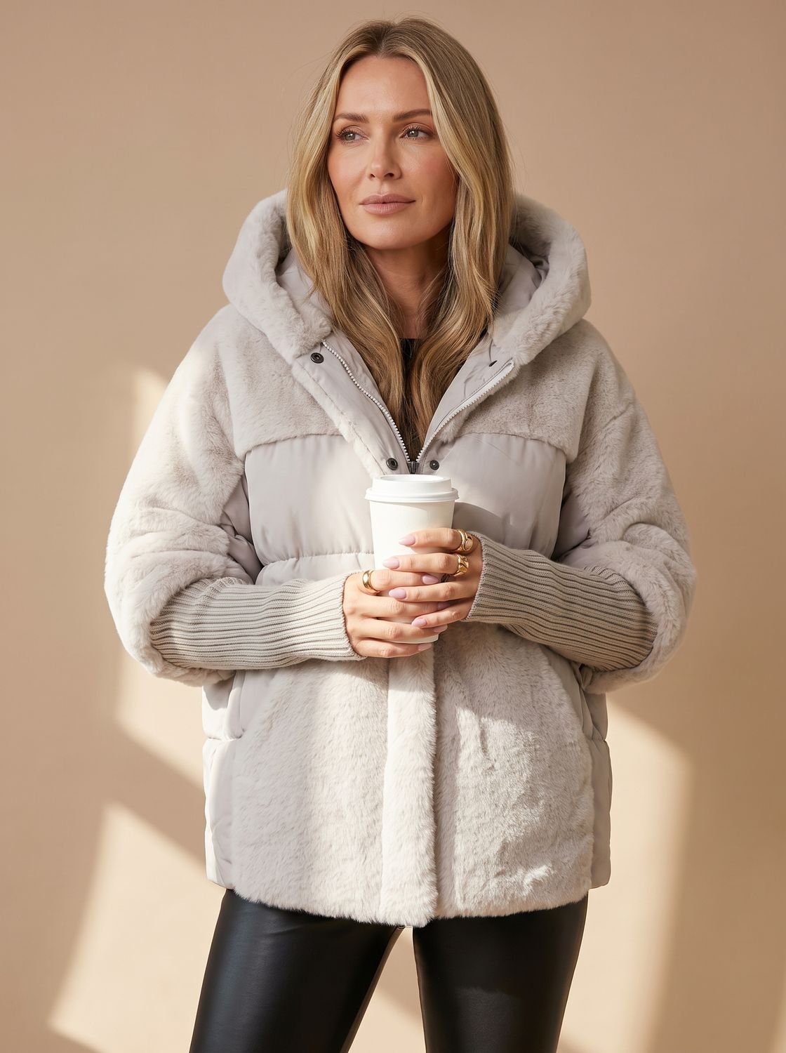 Women's Short Quilted Puffer Jacket with Faux-Fur Hood