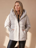 Women's Short Quilted Puffer Jacket with Faux-Fur Hood - Gray