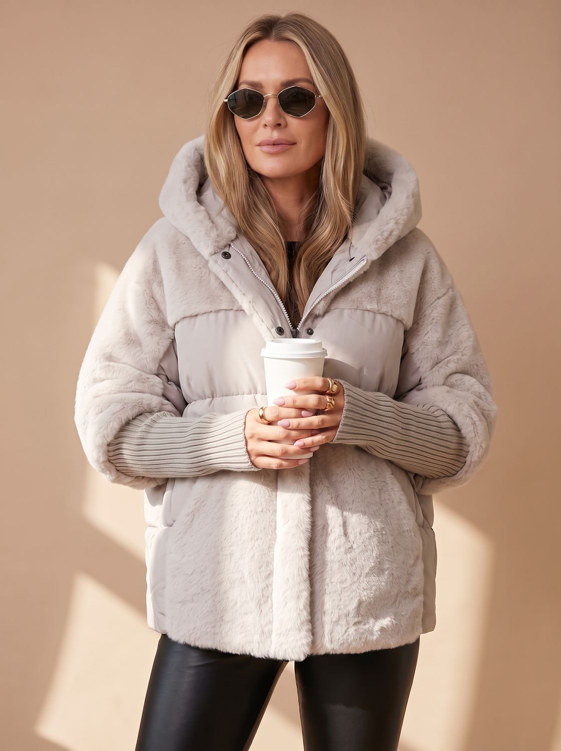 Women's Short Quilted Puffer Jacket with Faux-Fur Hood - Beige