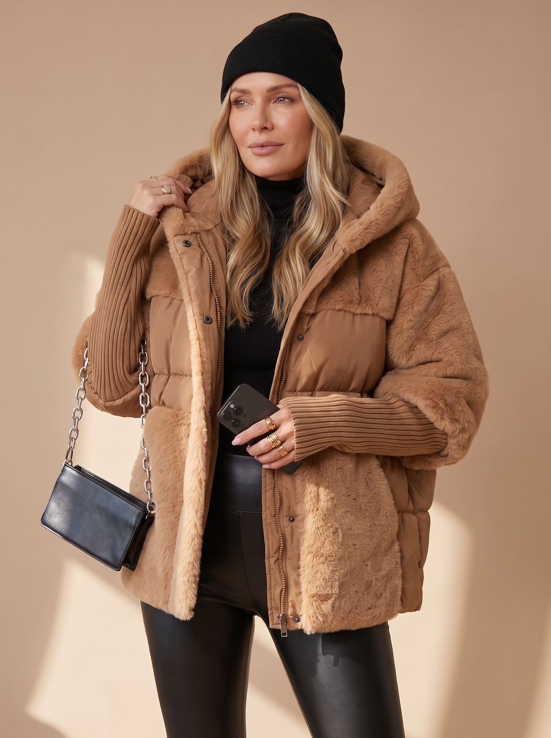 Women's Short Quilted Puffer Jacket with Faux-Fur Hood - Brown