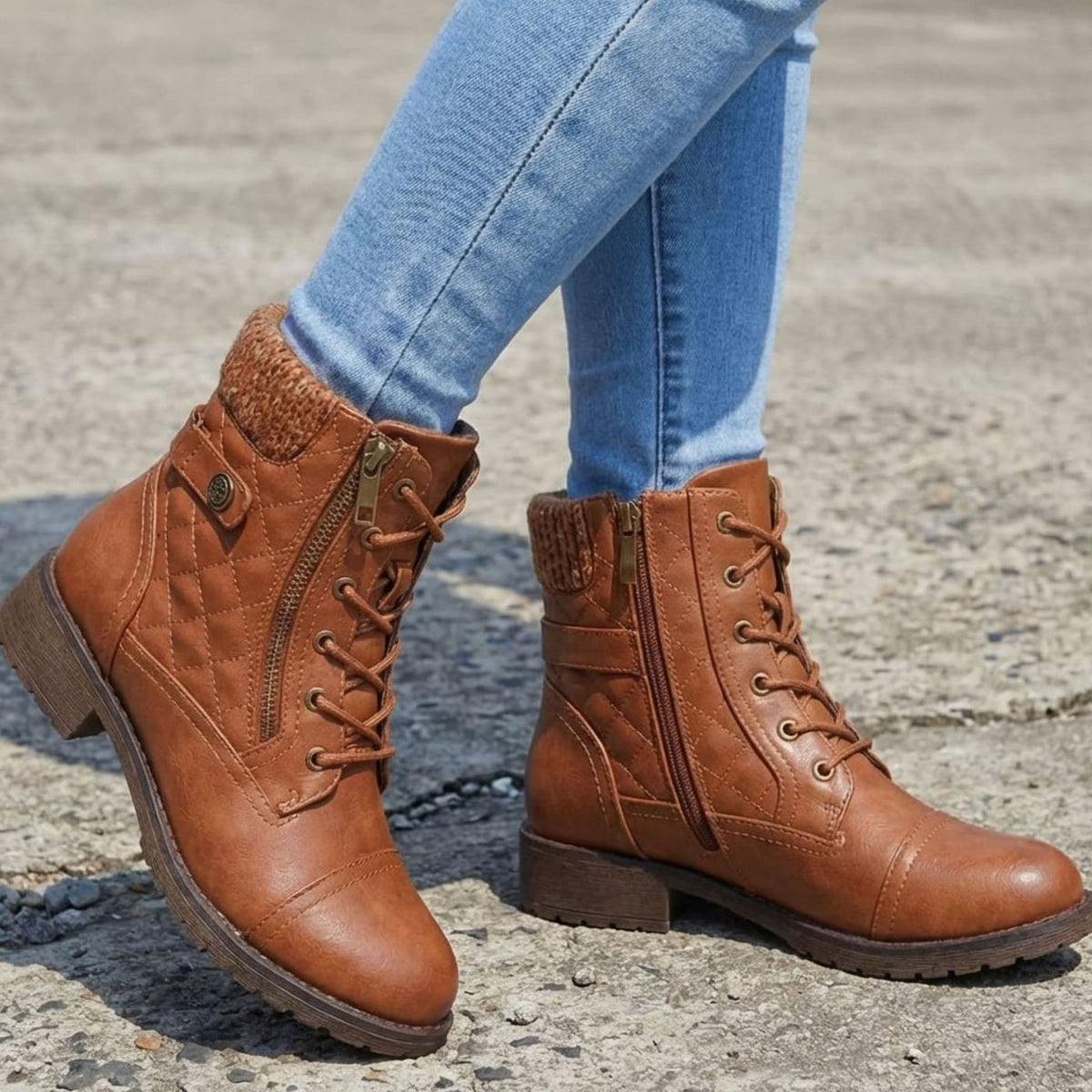 Women's Quilted Faux Leather Knit-Cuff Ankle Boots - Brown