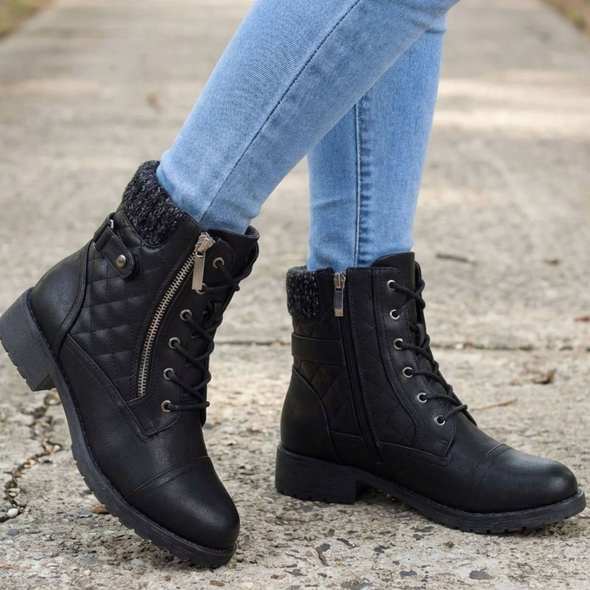 Women's Quilted Faux Leather Knit-Cuff Ankle Boots - Black