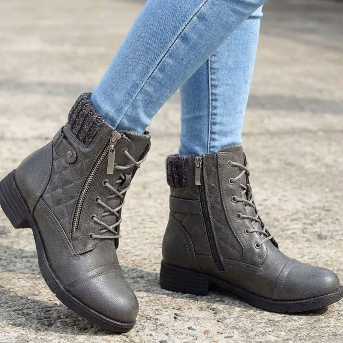 Women's Quilted Faux Leather Knit-Cuff Ankle Boots - Gray