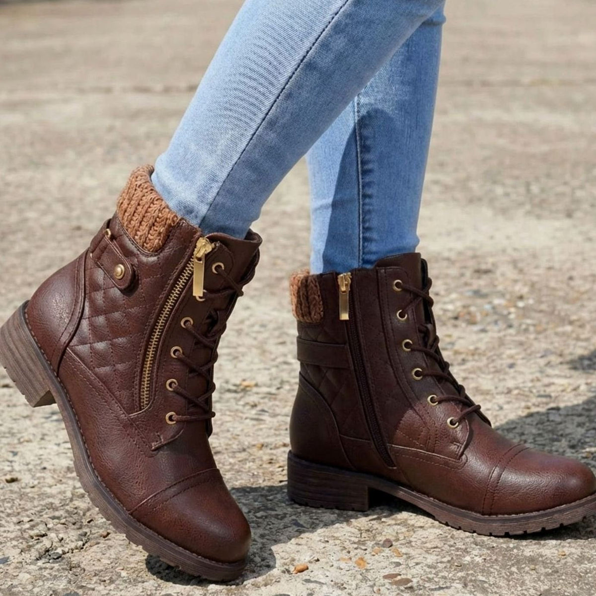 Women's Quilted Faux Leather Knit-Cuff Ankle Boots - Dark Brown