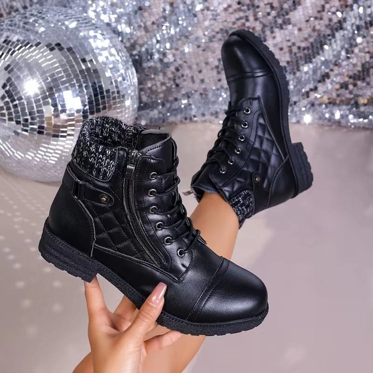 Women's Quilted Lace-Up Side Zip Ankle Boots