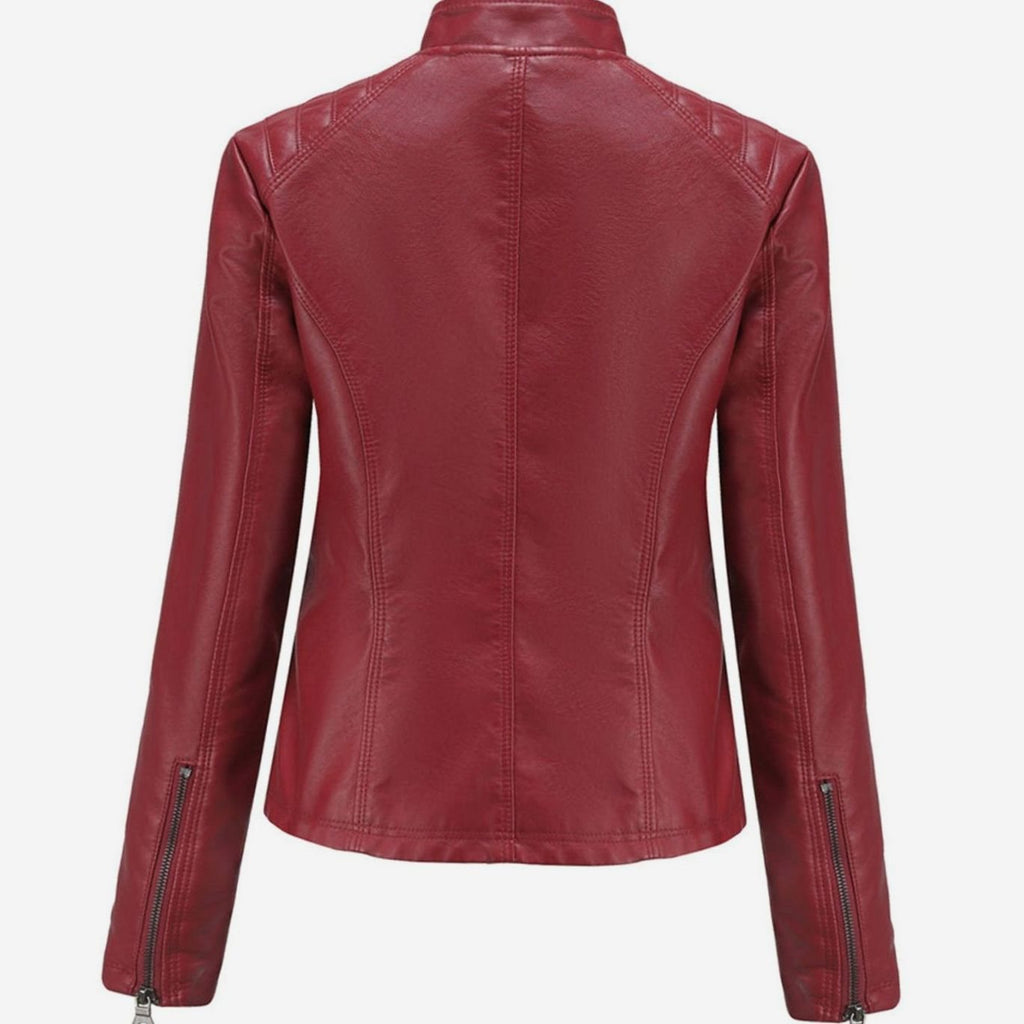 Women's Quilted Faux Leather Biker Jacket - Burgundy