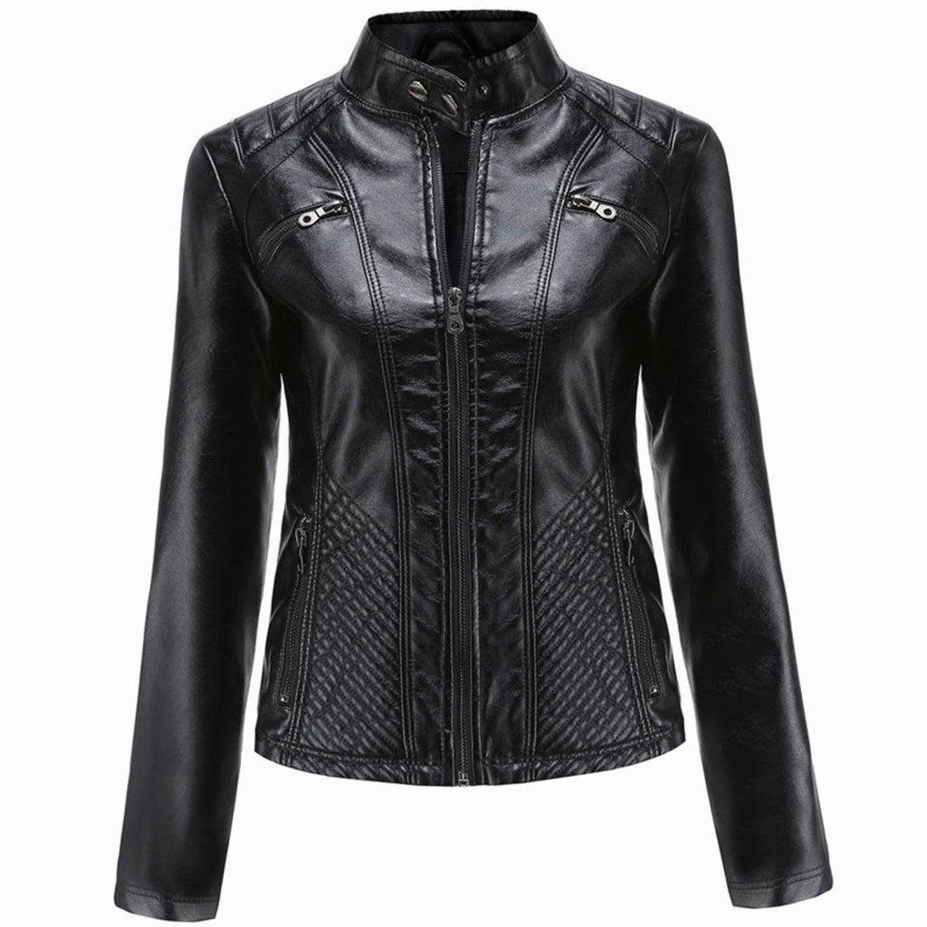Women's Quilted Faux Leather Biker Jacket - Black