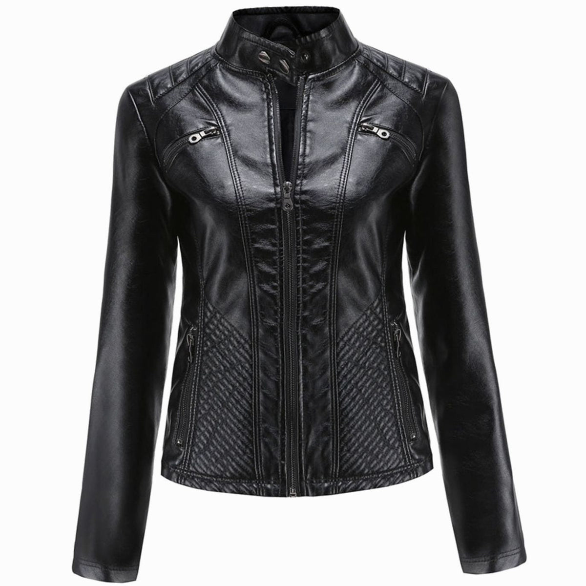 Women's Quilted Faux Leather Biker Jacket - Black