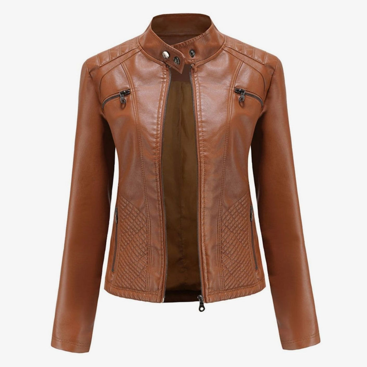 Women's Quilted Faux Leather Biker Jacket - Coffee