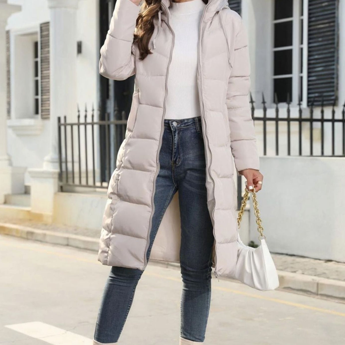 Women's Long Quilted Hooded Puffer Coat - Beige