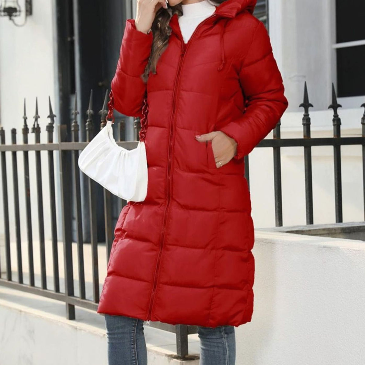 Women's Long Quilted Hooded Puffer Coat - Red
