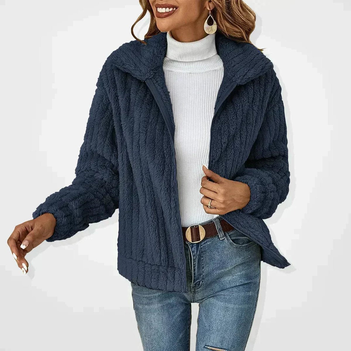 Women's Plush Fleece Zip-Up Jacket - Navy Blue
