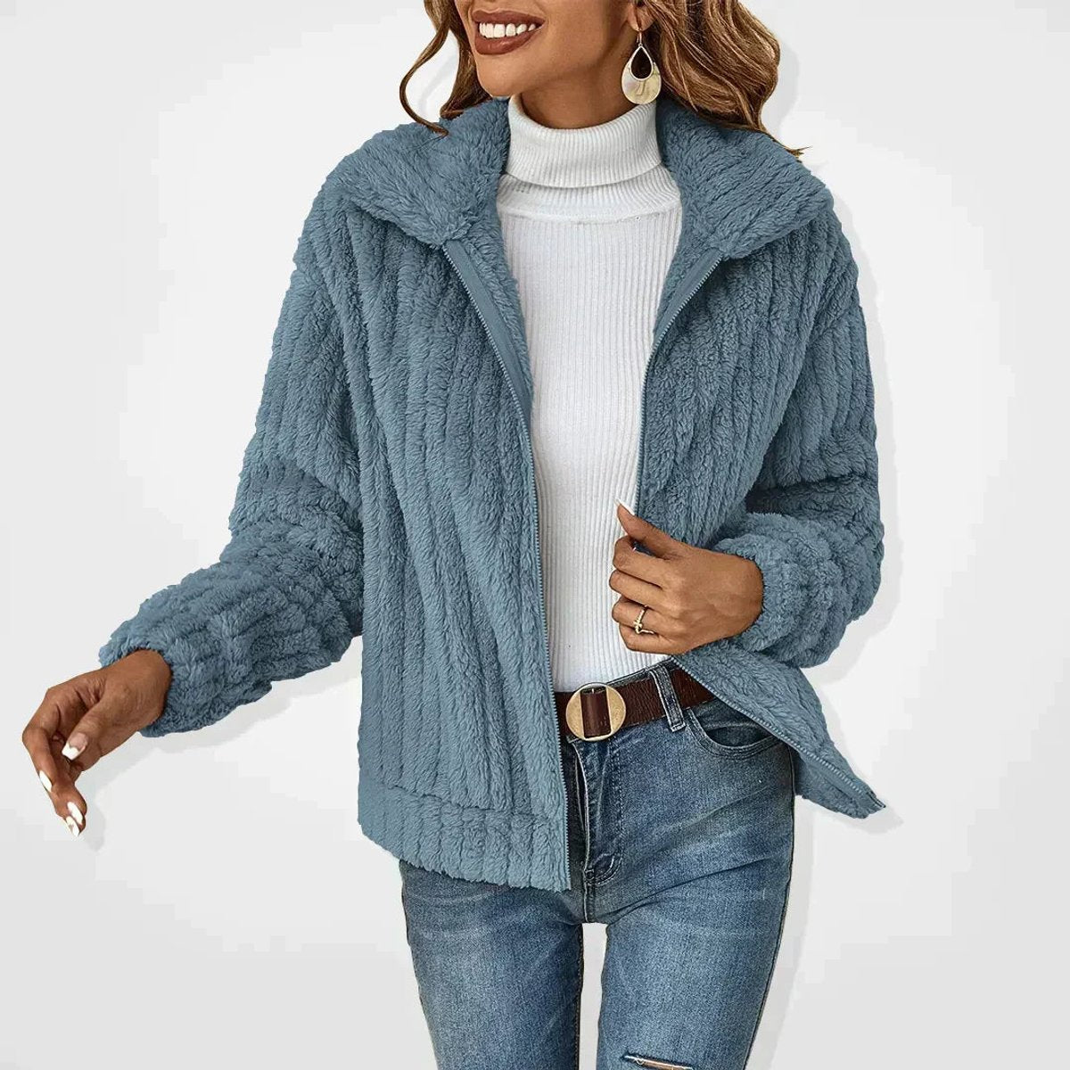 Women's Plush Fleece Zip-Up Jacket - Blue