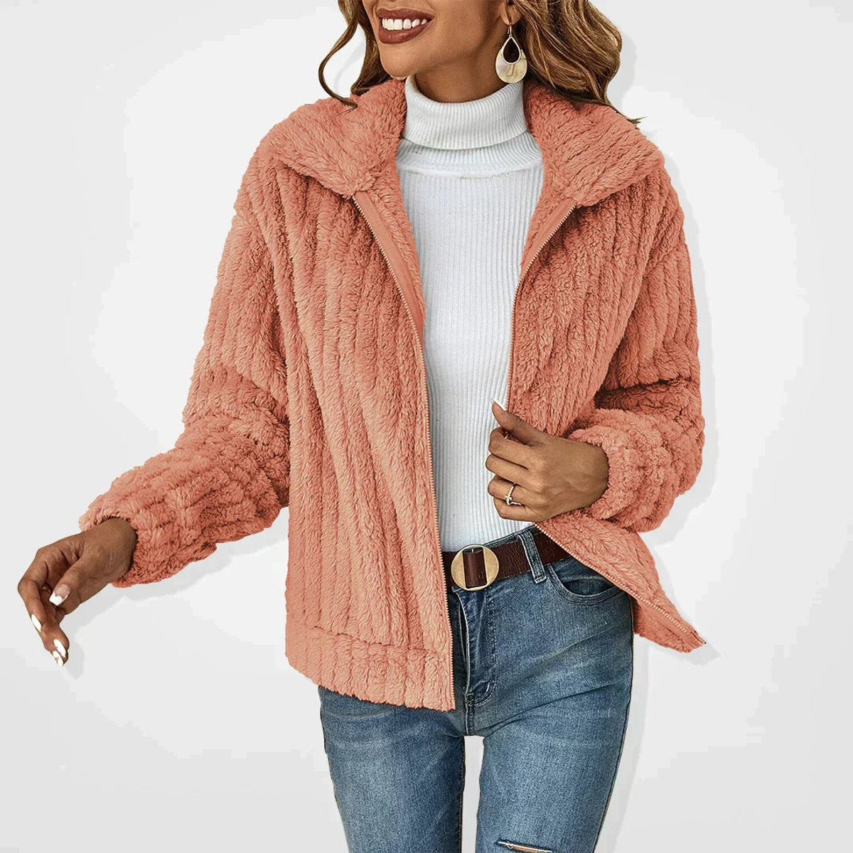 Women's Plush Fleece Zip-Up Jacket - Rose