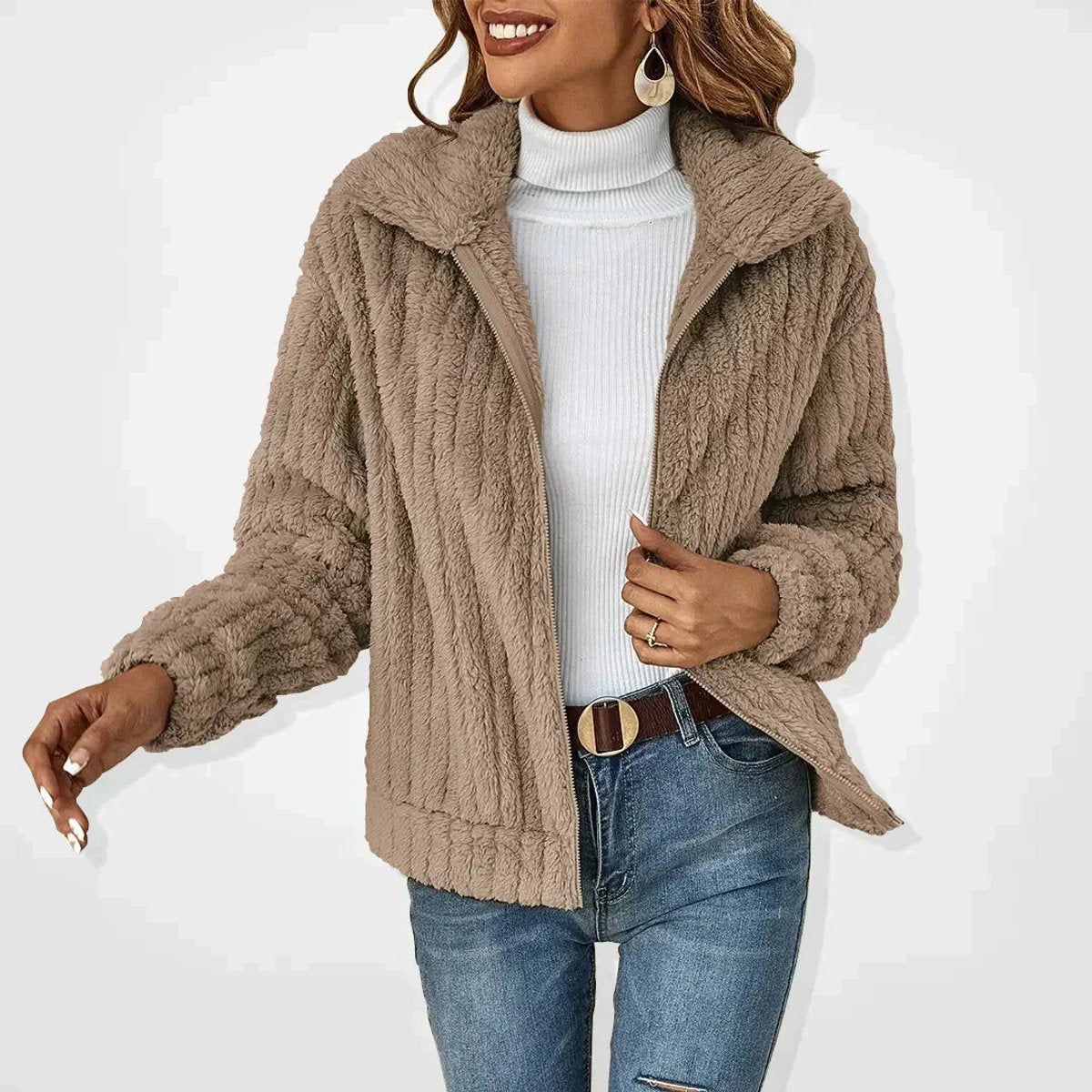 Women's Plush Fleece Zip-Up Jacket - Khaki
