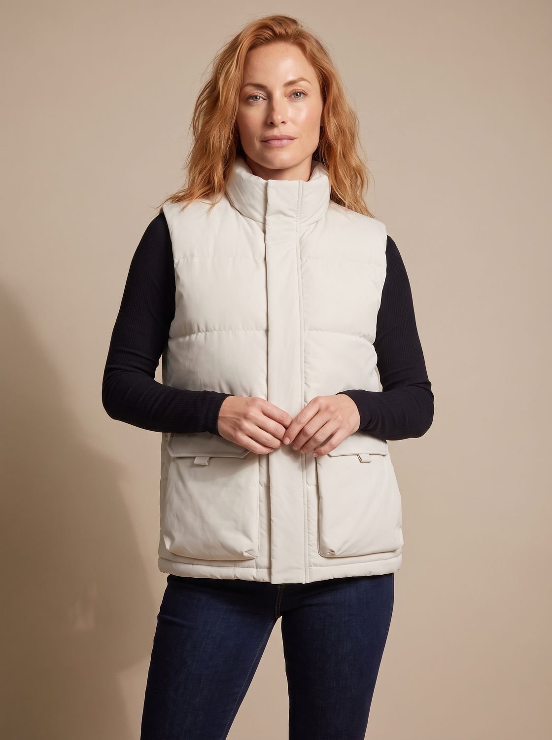 Women's Quilted Puffer Vest with High Neck and Flap Pockets