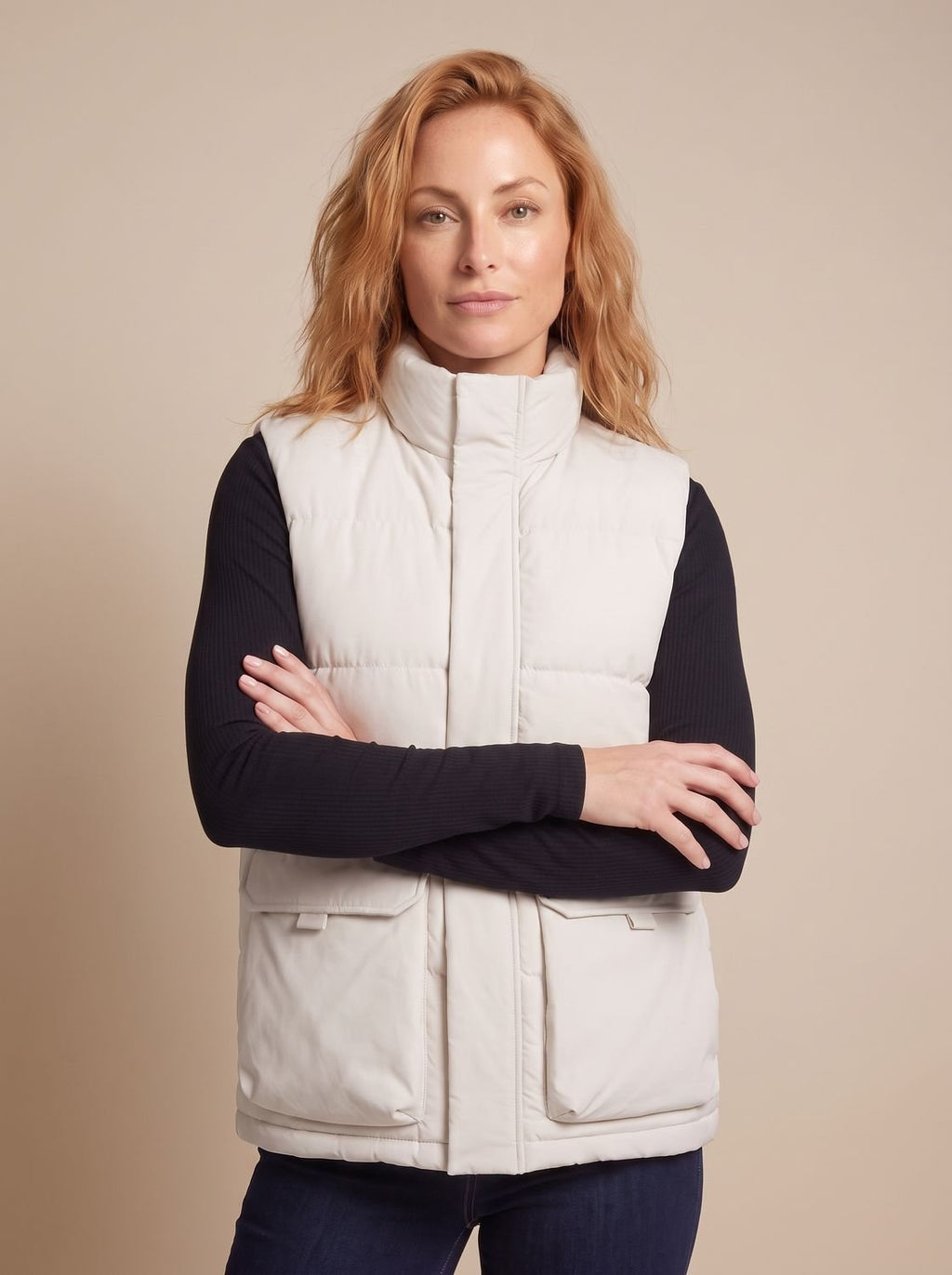 Women's Quilted Puffer Vest with High Neck and Flap Pockets