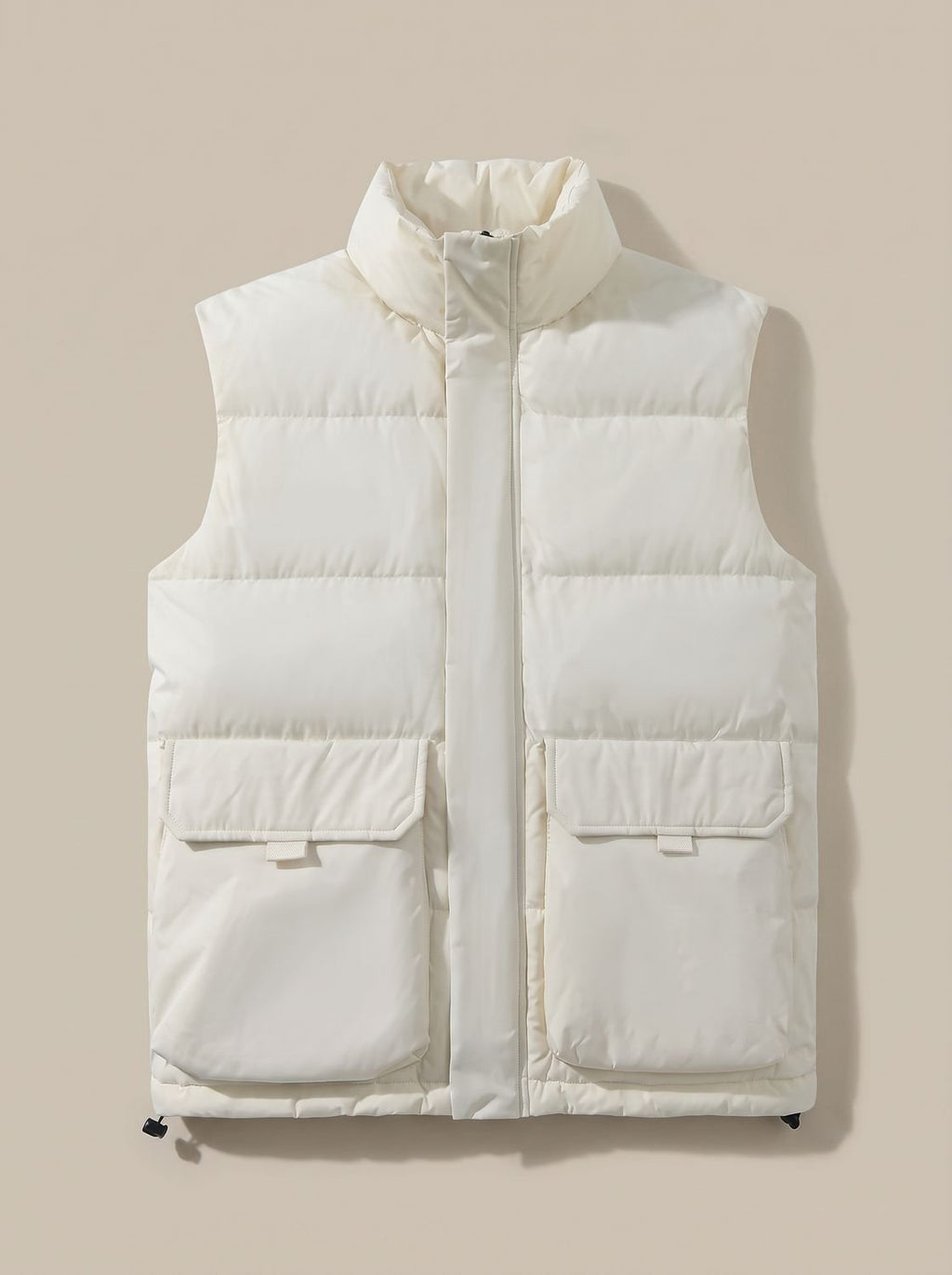 Women's Quilted Puffer Vest with High Neck and Flap Pockets - Cream White