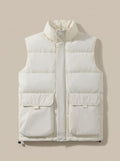 Women's Quilted Puffer Vest with High Neck and Flap Pockets - Cream White
