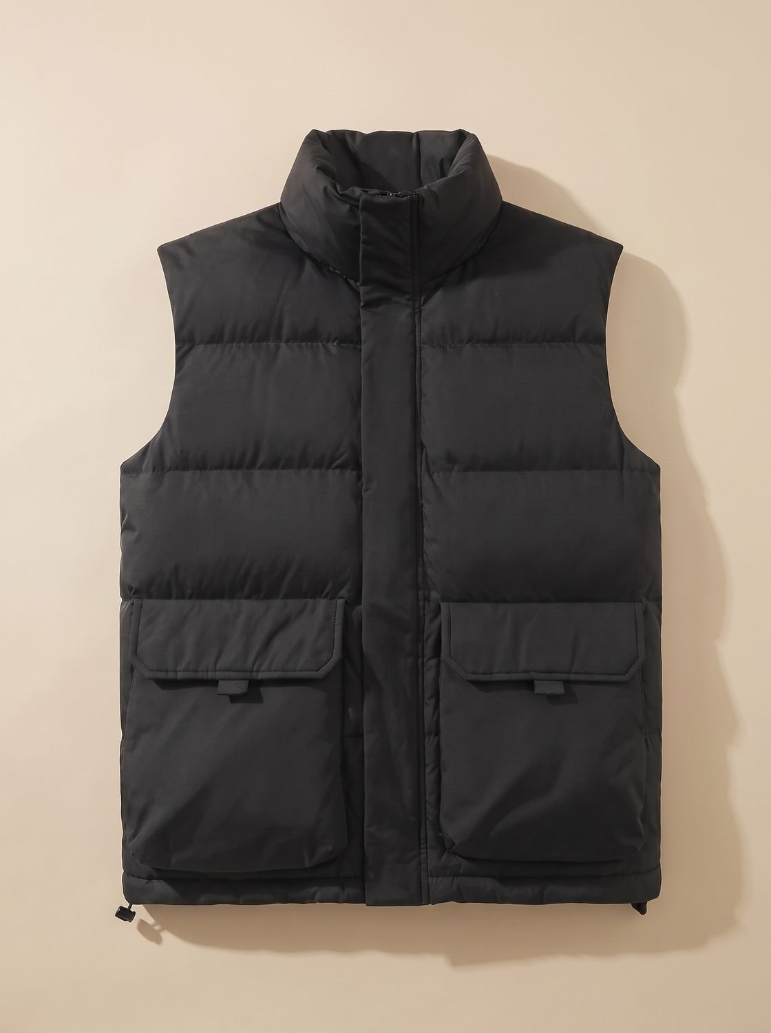 Women's Quilted Puffer Vest with High Neck and Flap Pockets - Black