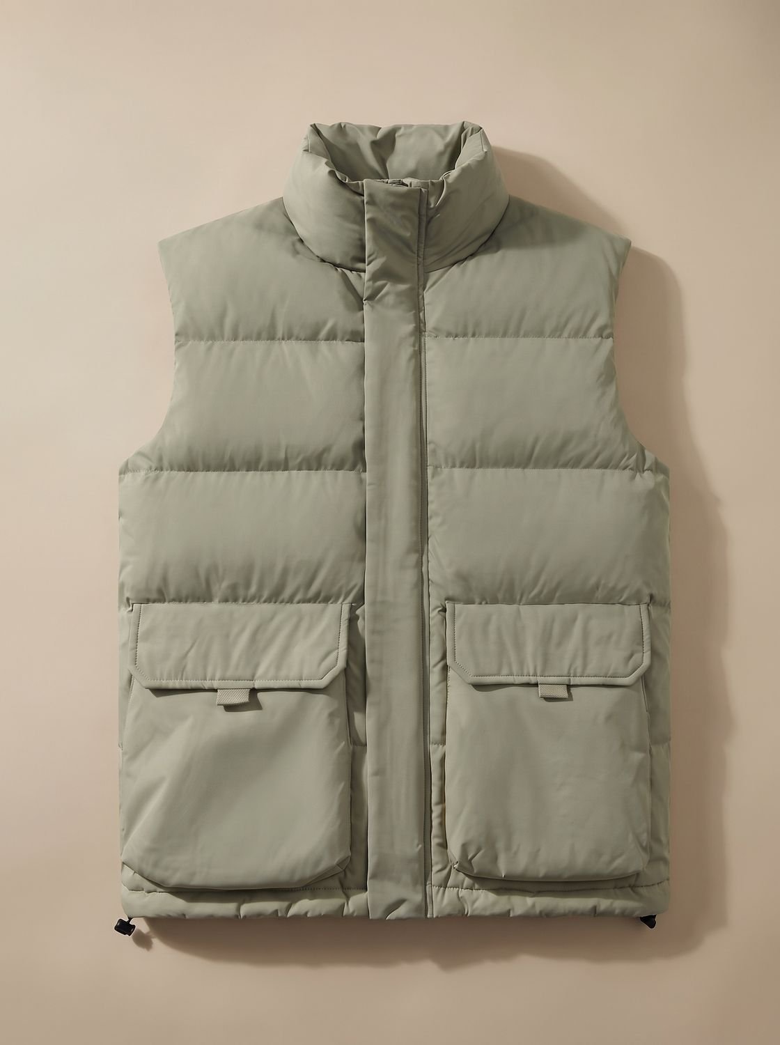 Women's Quilted Puffer Vest with High Neck and Flap Pockets - Light Green